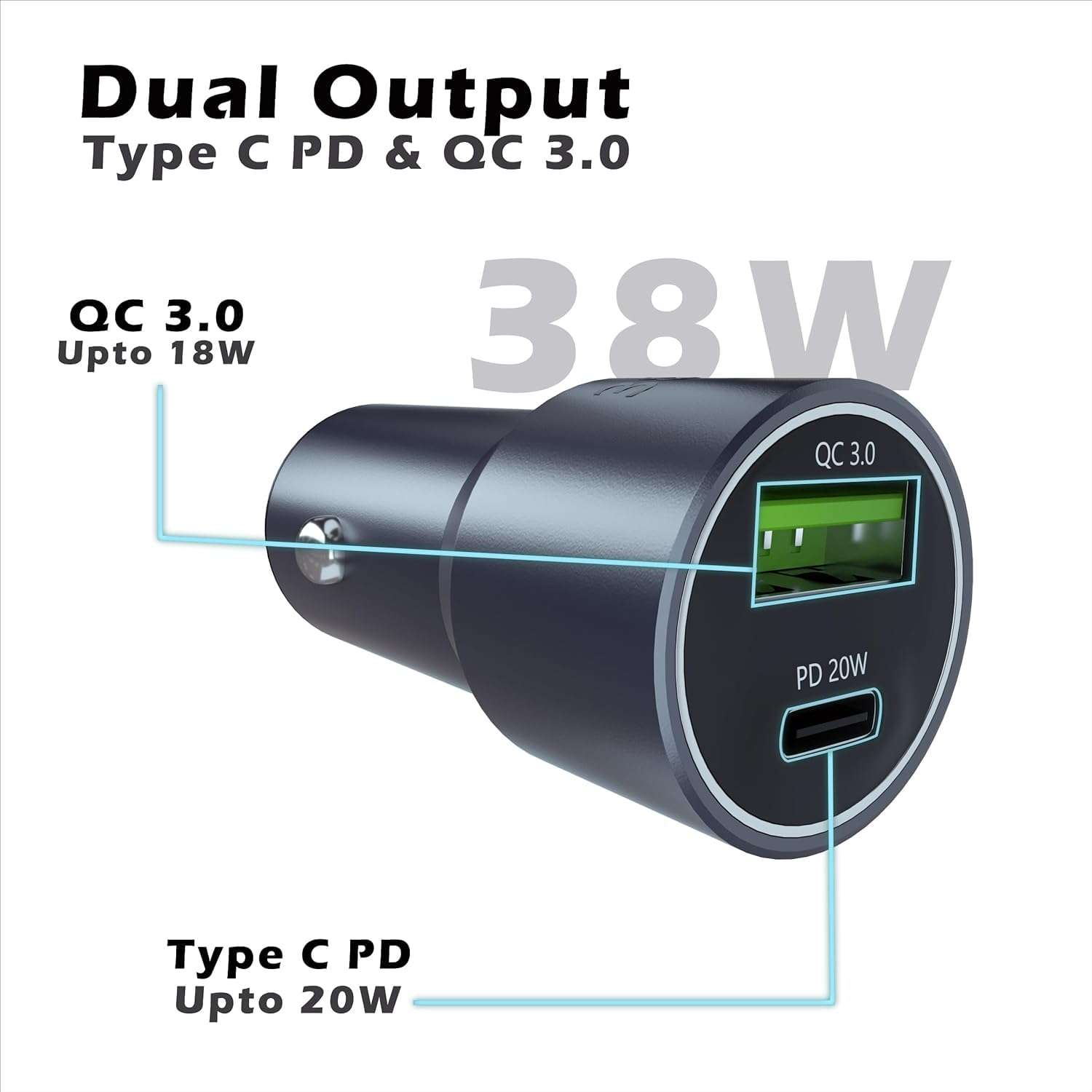 CROSSVOLT 38W Fast Car Charger Adapter with Dual Output. Quick Charge, Type C PD 20W & Qualcomm 3.0 Compatible for iPhone, All Smartphones, Tablets & More(Silver) 4