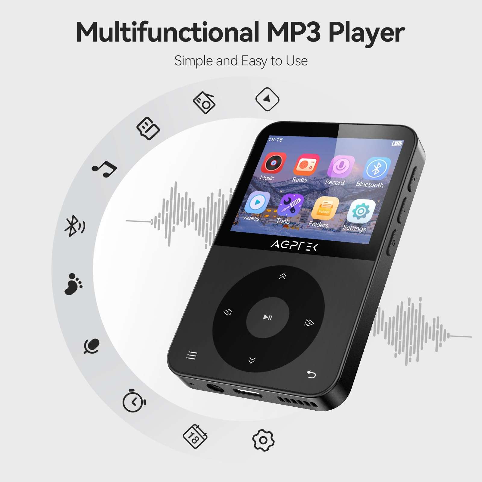 AGPTEK 64GB MP3 Player with Bluetooth, 2.3'' Horizontal Screen Classic Multifunctional Music Player with Speaker, FM Radio, Model: A52, Black 3