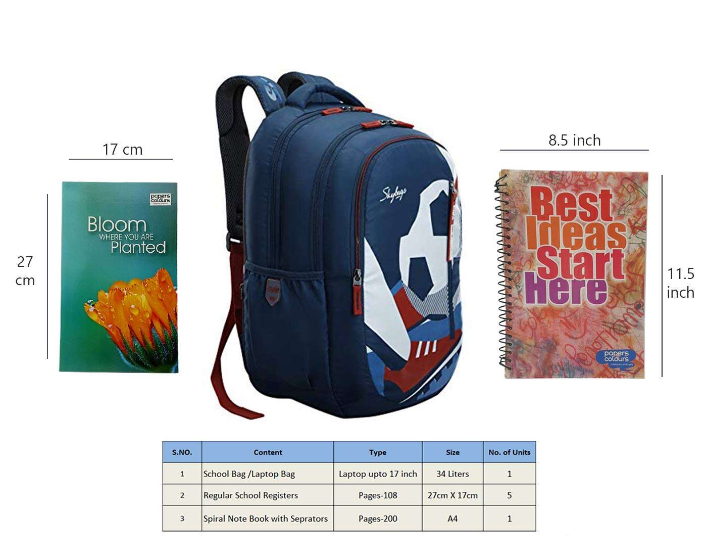 MaBelle ASTRO PLUS 05 SKYBAG Trendy Design 34L School/College Bag Combo with 1 Single Line Spiral Binding 200 Pages Notebook & 5 Register (108 Pages),-01 Set/Secret Pocket, Blue 2
