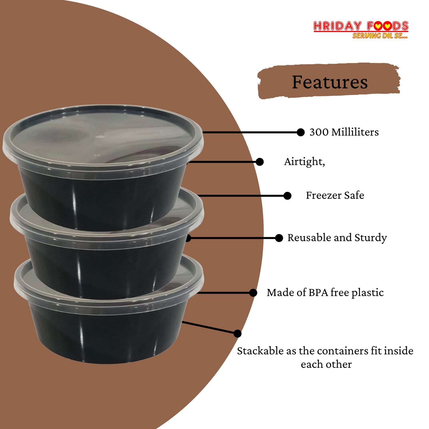 Hriday Foods 300 ml Black Round Container with Air Tight Transparent Lid : Set of 25 - Microwave Safe, Kitchen Storage, Reusable Plastic containers for Food delivery, Fridge Storage 4