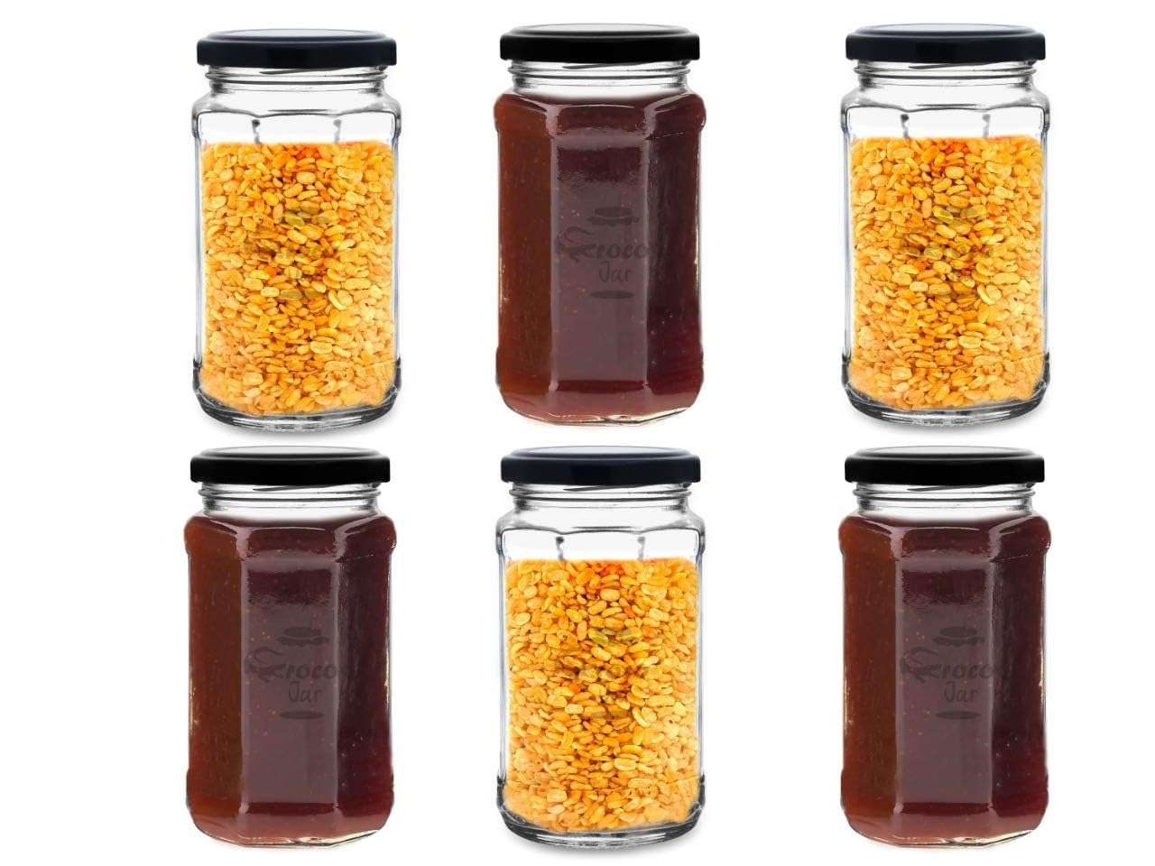 Croco Jar Glass Jars and Storage Containers Air Tight Lid For Herbs, Foods, Jams, Liquid, Small Spice Jars - 500 Ml Glass Pickle Jar (Pack Of 6, Black) 1