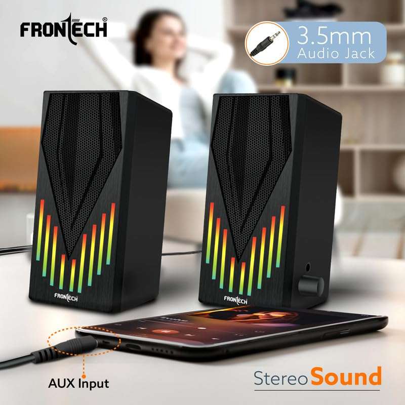FRONTECH 2.0 USB Powered Multimedia Speakers with RGB Lights | 2 x 3W Drivers (5.2 cm) | AUX Connectivity | for Laptop, PC, Mobile | 1 Year Warranty (SPK-0006, Black) 6