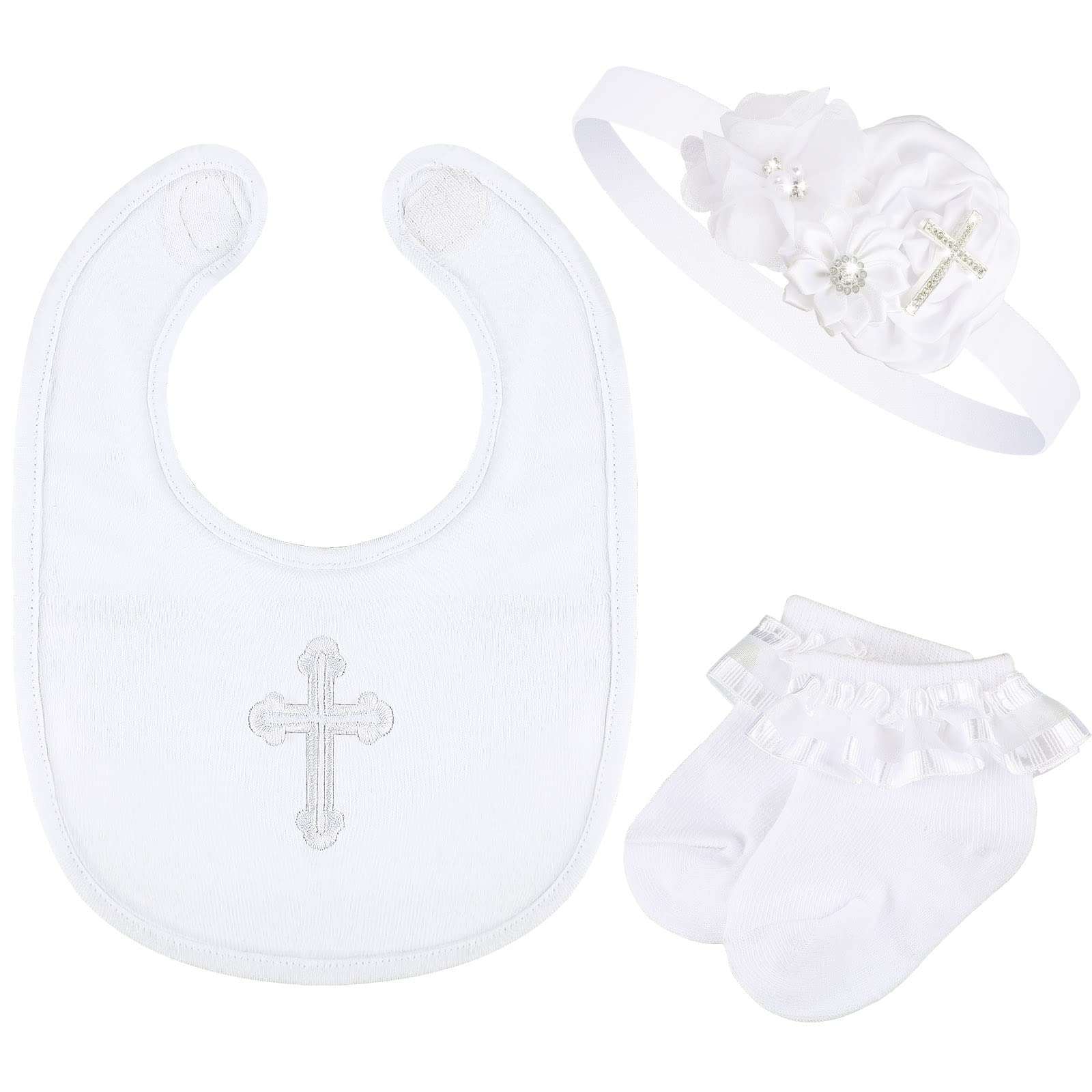 Geyoga 3 Pcs Baptism Bib for Baby Girl Baptism Candle Set Socks Pearl Headband Embroidered White Christening Outfit Bib 1