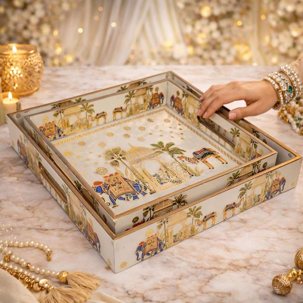 Amimashop® Try Set Serving | Square Wooden Tray, Decorative Serving Tray Set | Wooden Tray Decoration | Serving Trays | Tea Serving Try|Tray Set of 2|Meenakari Tray 12 & 10 Inches 4