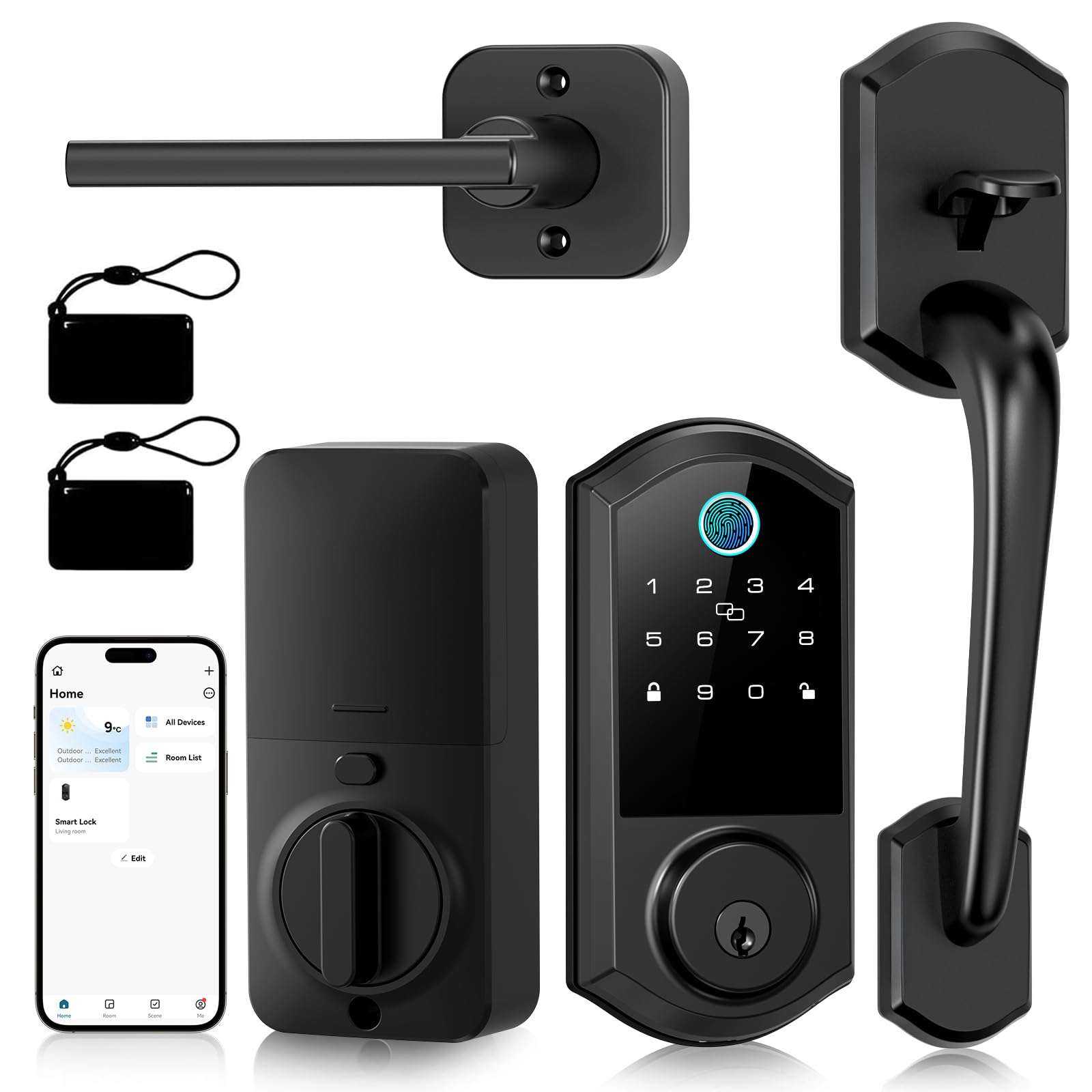 Smart Front Door Lock Set - Firstriver Keyless Entry Door Lock with Handle, Fingerprint Deadbolt, Keypad & Bluetooth App Control, Electronic Auto Lock, Compatible with Alexa & Google Assistant, Black