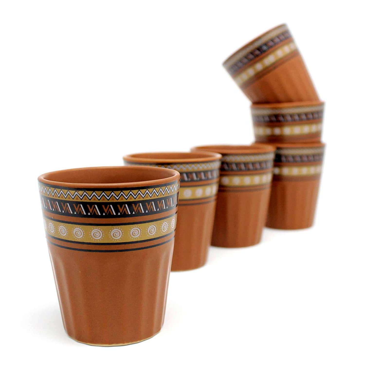 THE INDIA STYLE Ceramic Tumbler kulhar Set Cups Handmade kullad Tea Set | kulhad chai Cups | Hand Painted Cutting Chai Glass (Assorted Print Tumbler kulhar, Pack of 6)