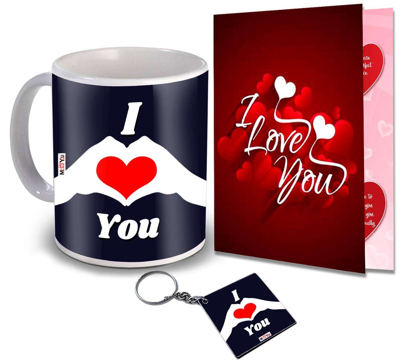 ME & YOU Valentine's Day Gifts, Love Quoted Printed Ceramic Mug with MDF Keychain and I Love You Greeting Card for Birthday, Anniversary (Multicolor) 1