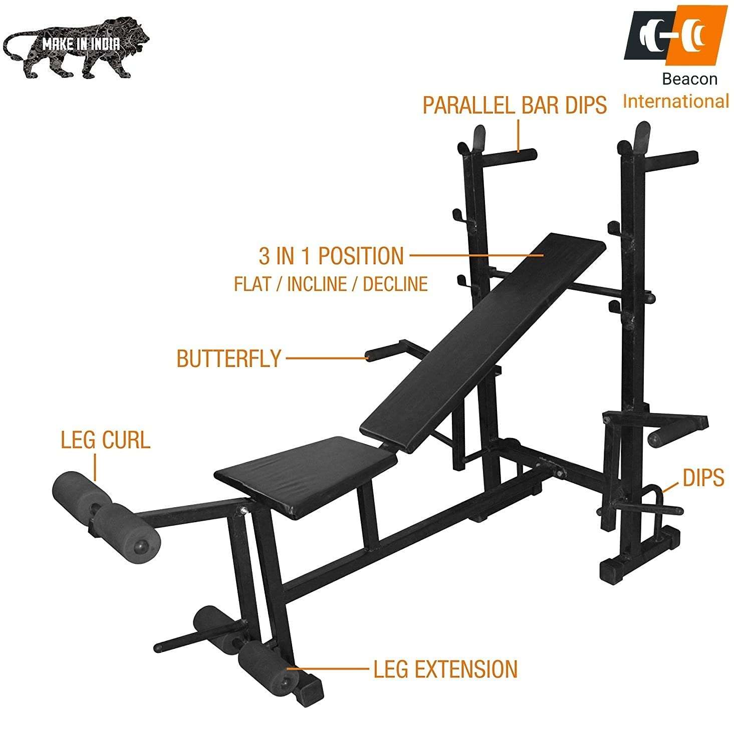 BEACON INTERNATIONAL Home Gym Set, Home Gym Equipment Combo,3 Ft Curl + 5 Ft Plain Rod and 1 Pair Dumbbell Rods, 8 in 1 Gym Bench, Fitness Bench for Men, Gym Accessories (10 KG Gym Set) 3