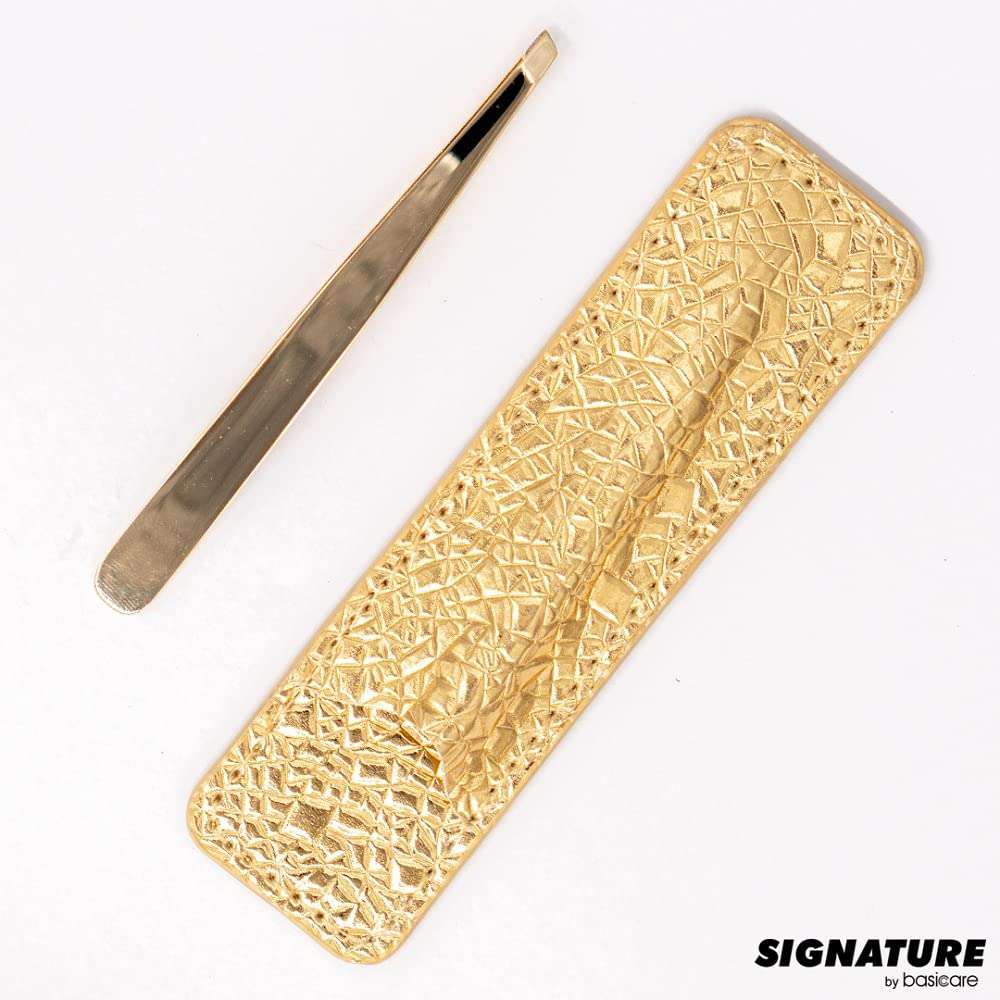 Basicare Signature Stainless Steel Golden Slant Tweezer For Women and Men.Tweezer For Ingrown Hair, Plucking Daily Beauty Tool. Comes With Travel Case. 6