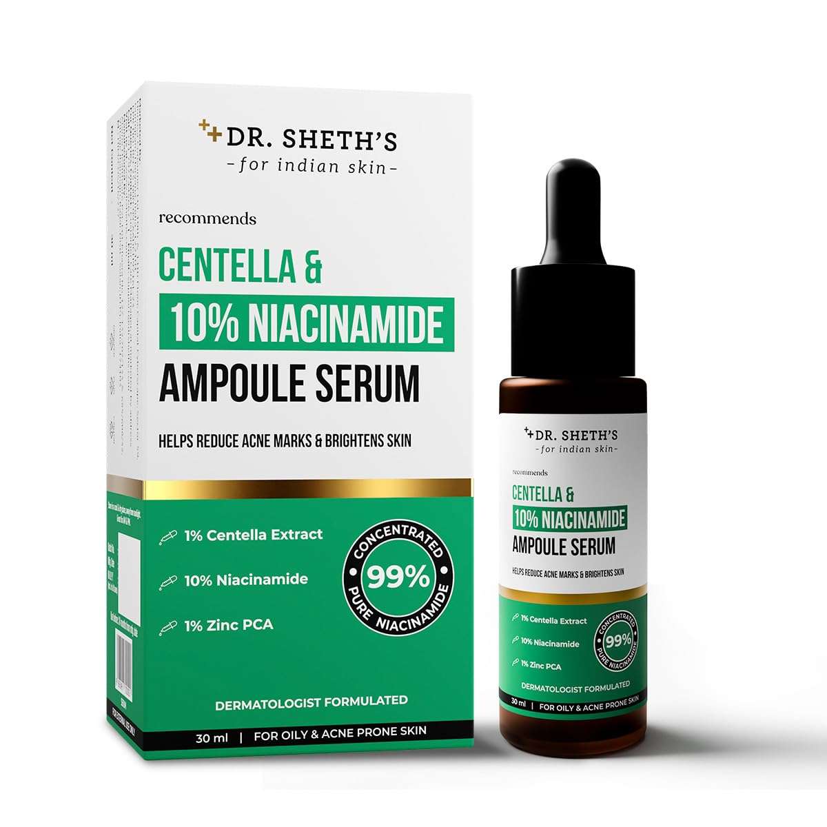 Dr. Sheth's Centella & 10% Niacinamide Face Serum | Oil & Sebum Control | Acne Scars, Acne Marks, Redness & Skin Irritation | Lightweight & Quick-Absorbing | Fades Discoloration & Improves Skin Texture | For All Skin Types | 30 ml 1