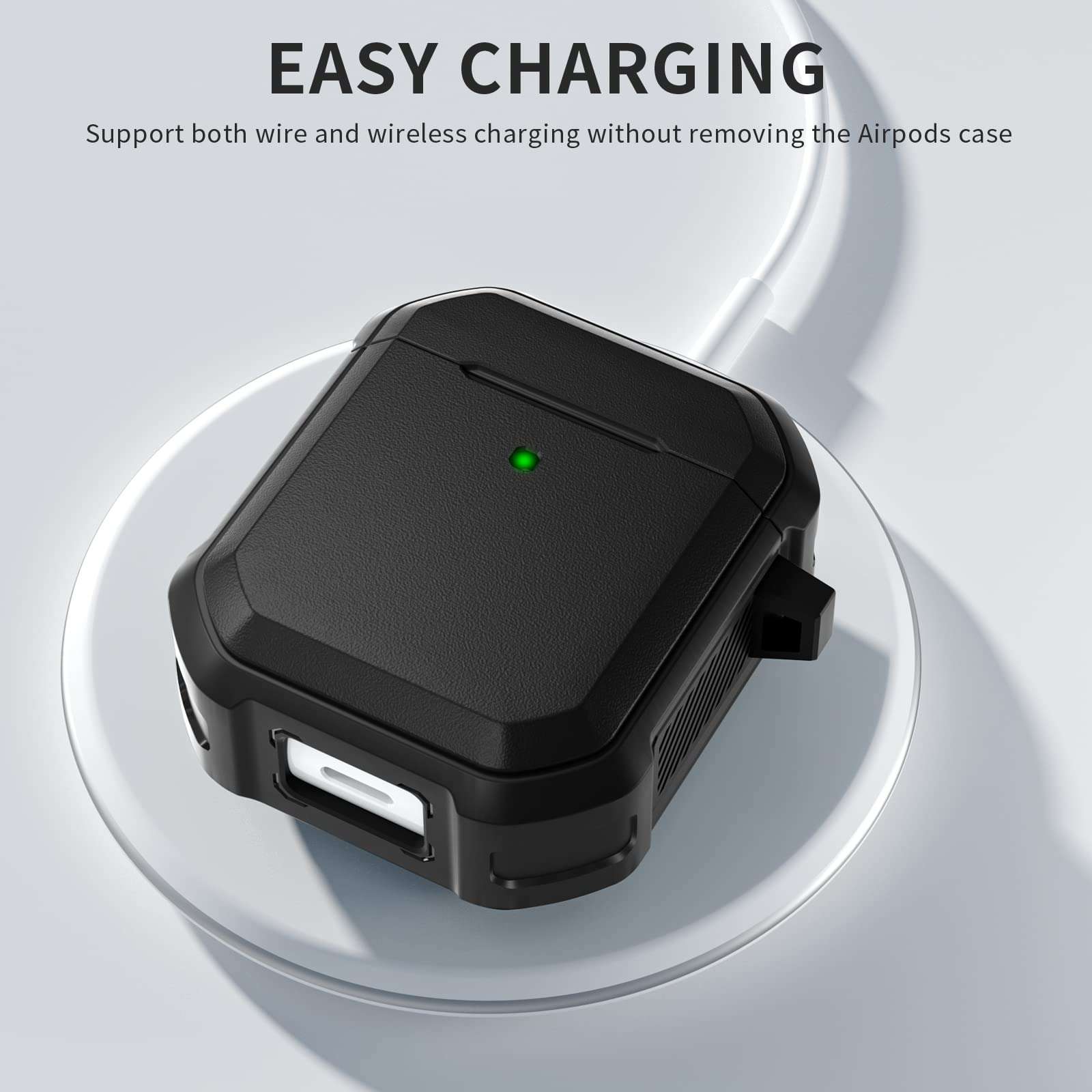 Charlam Airpods Case Cover Designed for AirPod 2 & 1 Men Women, Sturdy Stylish Full-Body Rugged Protective Cases with Keychain [Front LED Visible], Black 2