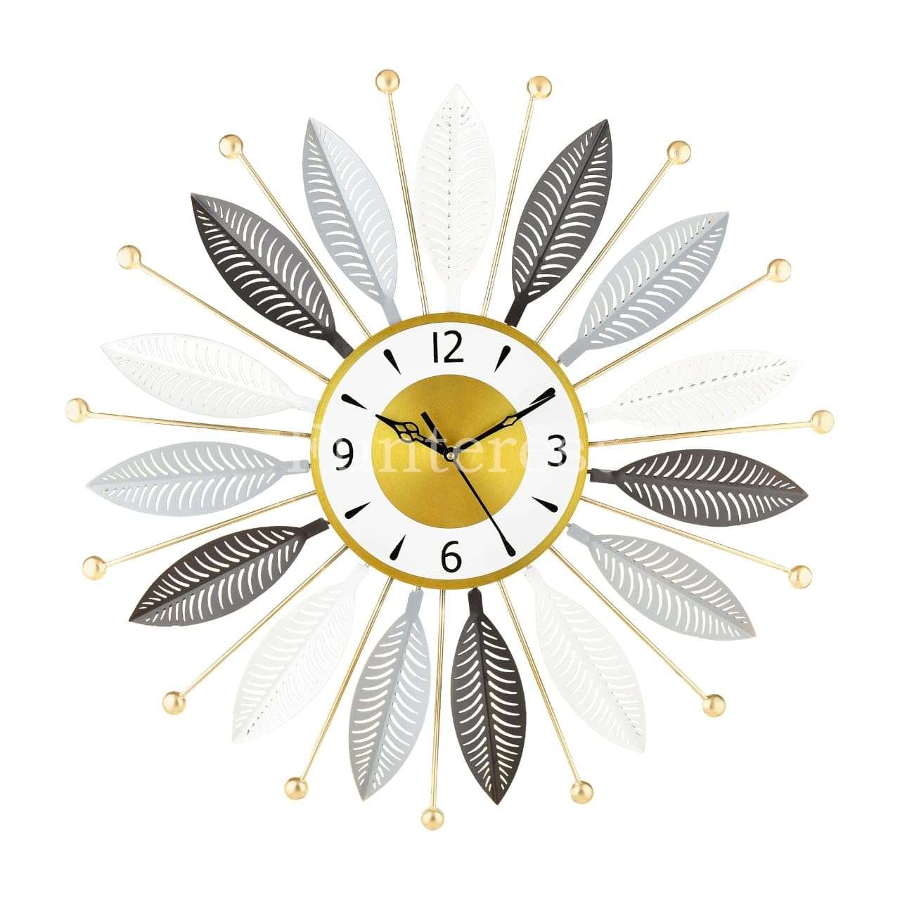 FUNTEREST Luxury Metal Wall Clock for Living Room | Decorative Sunburst Leaf Design Wall Clock | Silent Quartz Movement | Modern Home & Office Décor (55X55 Cm) (Gold, Grey & Brown) 5