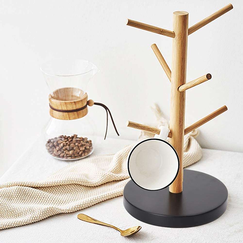 Wisuce Bamboo Coffee Mug Holder Tree, Thicker Base Coffee Cup Holder Stand for Counter, Mug Rack with 6 Hooks 2