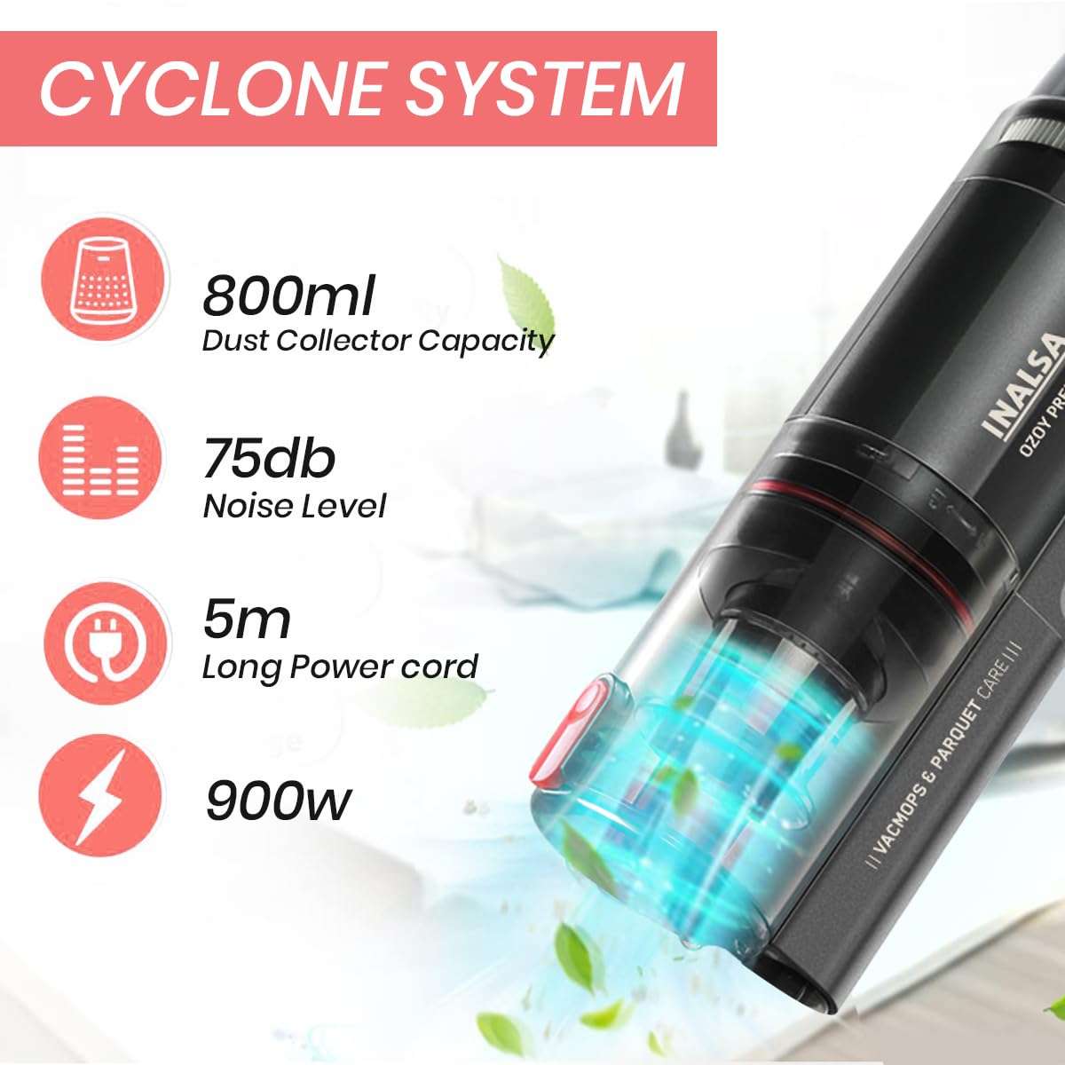 Inalsa Vacuum Cleaner with Mop for Floor Cleaning|900 W Motor with Strong 18 KPA Suction|Electric Mop for Floor Cleaning|5 Level Efficient Filtration|Handheld Vacuum Cleaner for Home(Ozoy Premium),Red 4