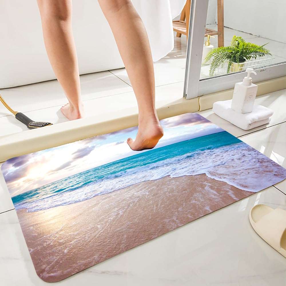 WODEJIA Flannel Mat Non Slip 3D Print for Bedside and Living Room,Clearance MatS Absorbent Moisture Dust Forlaundry Room,Bath Rugs Sponge Foam Soft for Bathroom (Seawater Beach) 1