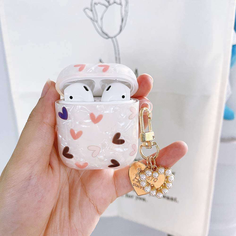 Ownest Compatible with AirPods Case with Pearl Heart Shape Keychain Shell Heart Pattern Cute Girls Woman Case Soft Cover Case for Airpods 2 &1,Cute for Airpods-Heart 4