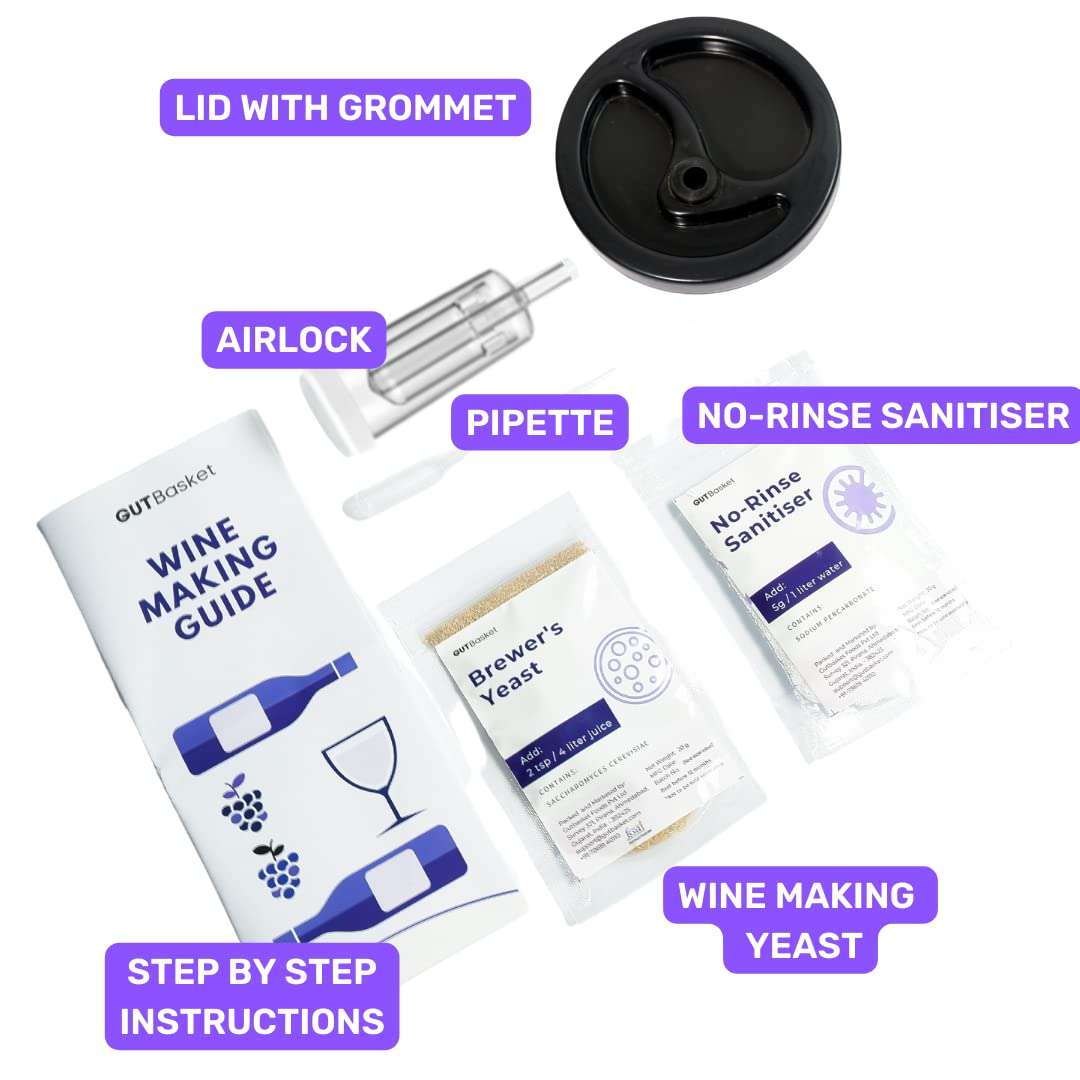 Gutbasket Wine Making Kit - Wine Supplies for 60L Wine, Fermentation Jar 4 L, Wine Yeast, Airlock and No Rinse Sanitiser- Complete DIY Home Brew Kit (3 Jar Set) 3