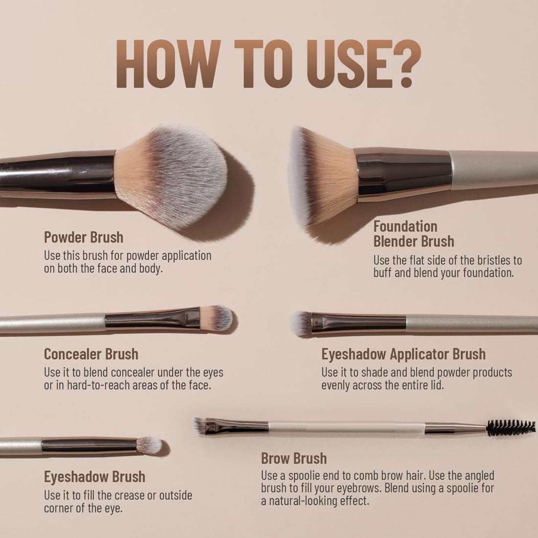 Everdiva Makeup Brush Professional Face and Eye Brushes, Rose Gold and Champagne, Synthetic Bristles, For Cream, Liquid & Powder Includes Foundation, Eyeshadow, Concealer, Brow & Powder Brushes Easy Blending & Travel-Friendly - Set of 6 5