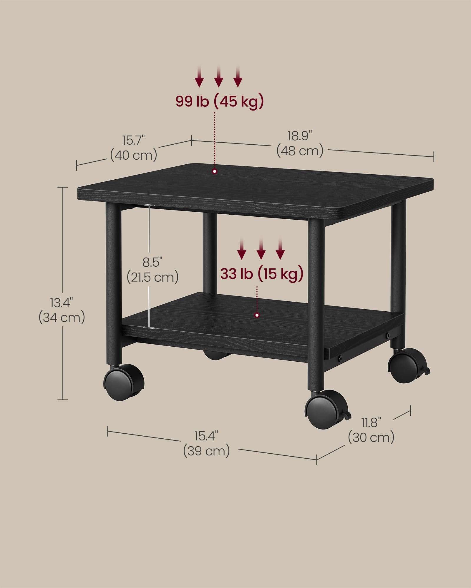 VASAGLE Heavy-Duty Printer Stand with Locking Wheels, 2-Tier Industrial Mobile Cart with Storage Shelf, Under Desk Printer Table for Home, Office, 13.4" Height, Ebony Black UOPS02B 6