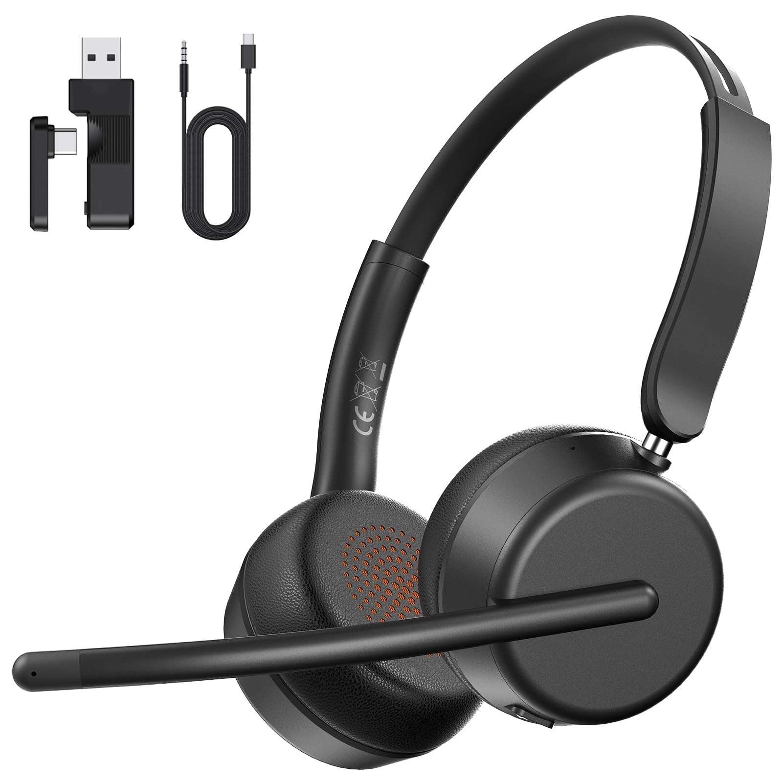 SEJJ Wireless Headset with Mic for Work, Bluetooth 5.4 Headphones with AI Noise-Canceling Mic for Clear Calls, Wireless Headsets with Mic Mute & USB A/C Dongle for PC, Computer, Laptop, Black 1
