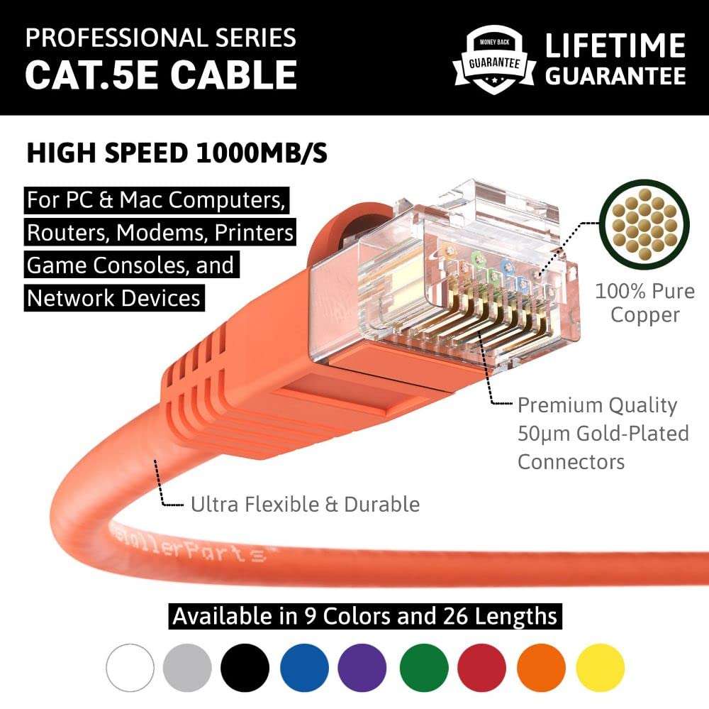 InstallerParts Ethernet Cable CAT5E Cable UTP Booted 100 FT - Orange - Professional Series - 1Gigabit/Sec Network/Internet Cable, 350MHZ 3