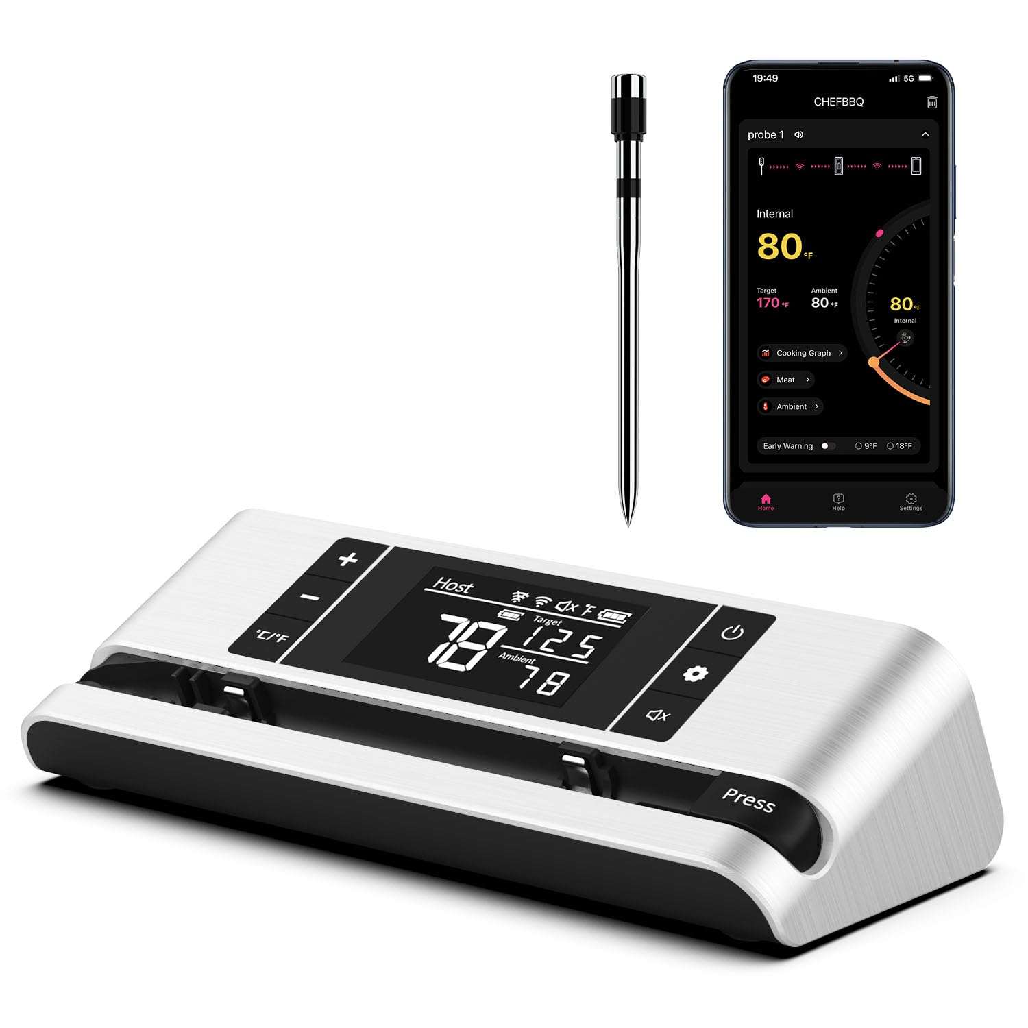 Wireless Smart Meat Thermometer with Dual-Sensor Probe, 500FT Remote Monitoring, Dedicated App, Real-Time Ambient and Food Temperature Tracking for Precise Cooking Control 1