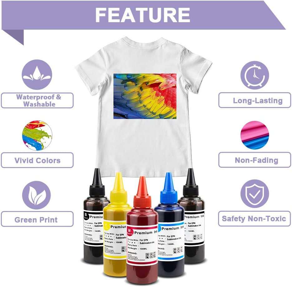 FENTEC Sublimation Ink Refill Bottles for WF-7710 ET-2720 ET-15000 WF-3640 WF-7110 WF-7210 WF3610 C88 Inkjet Printers Heat Transfer on Mugs, Plates, Polyester Shirts etc, 100mL x 5 Pack 5