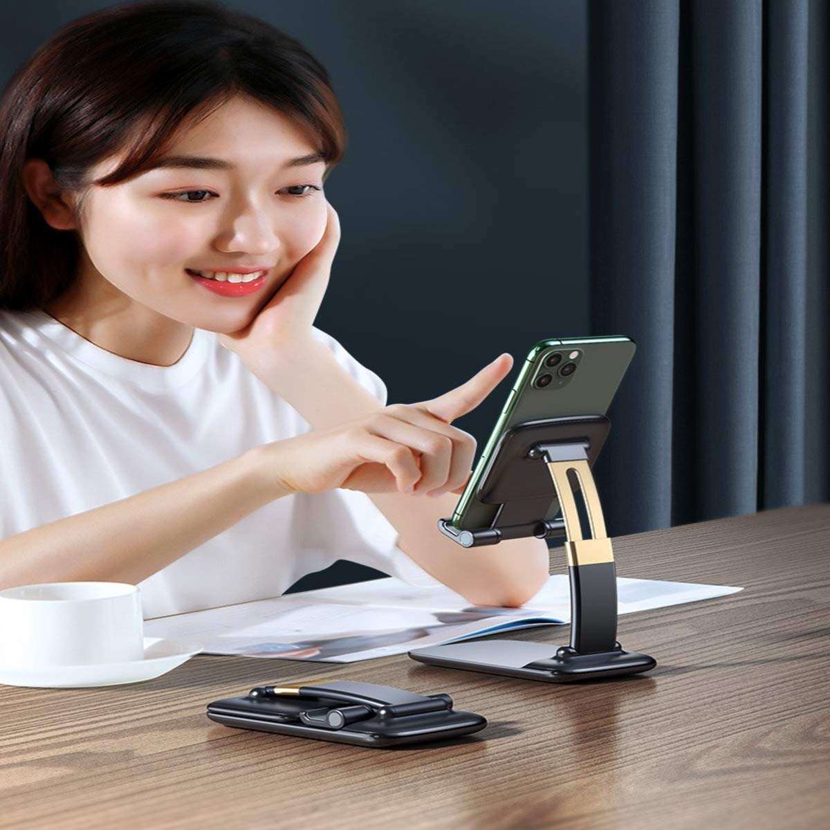 pepplo Foldable Cell Phone Stand, Fully Foldable Angle Height Adjustable Phone Holder Stand for Desk,Cradle,Desktop Tablet Stand Compatible with All Smartphones/iPhone/iPad/Tablets/Kindle (Black)
