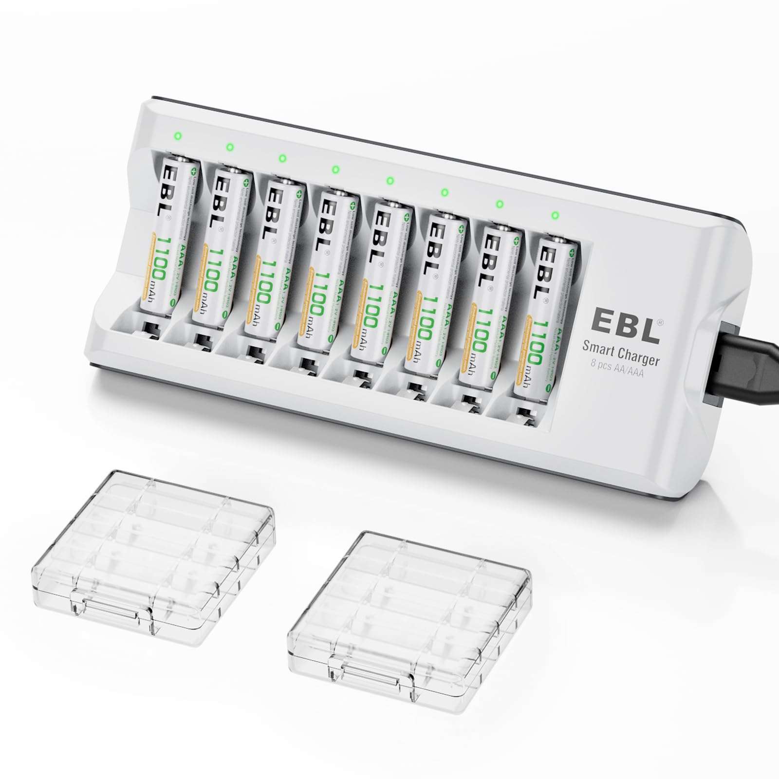 EBL Rechargeable AAA Batteries, 8 Pack 1100mAh NiMH Triple AAA Batteries and Individual AA AAA Battery Charger 1