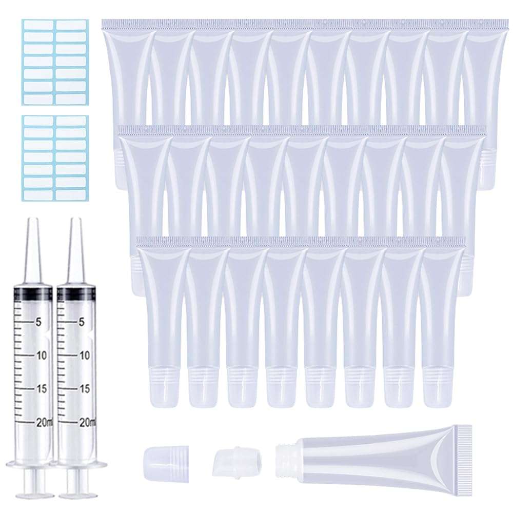 AMORIX 50PCS 15ml Lip Gloss Tubes Clear Lip Gloss Containers Empty Cosmetic Squeeze Tubes for DIY Lip Gloss Flavoring Oil + Free Syringe Tag Labels Stickers | Refill Lip Balm Tubes DIY Lip Gloss Base 1