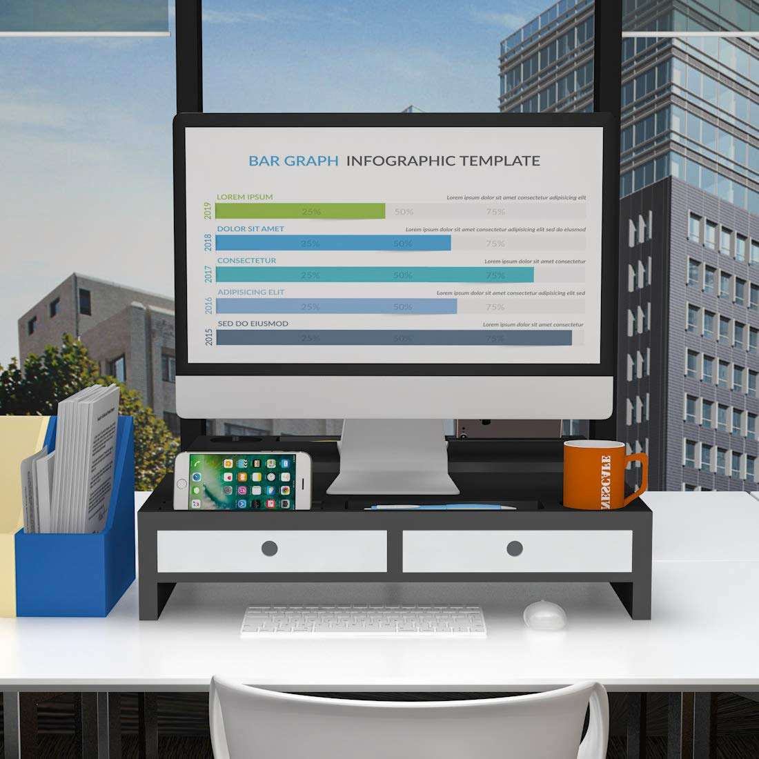 Bambloom Monitor Stand Riser with Drawer - Desk Shelf Organizer Keyboard Storage Black 22" x 10.6" x 4.7" 4