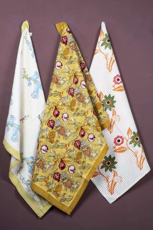 CONTRAST LIVING Barsha Hand Block Printed Kitchen Towel/Dish Towel/Hand Towel Multi Color Set of 3 Pcs 1