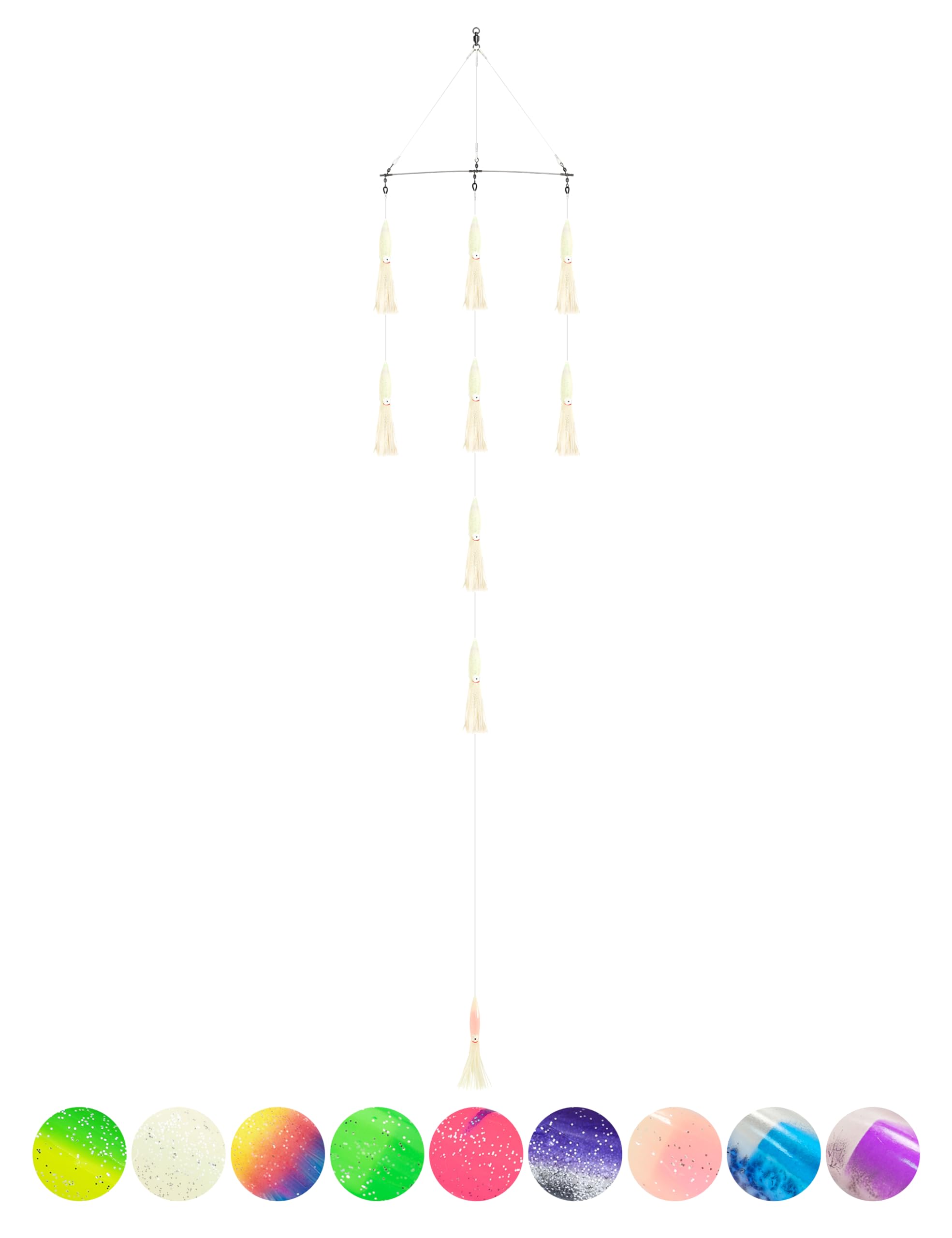 BLUEWING 18" Upgraded Fishing Spreader Bar Formation with 9" Floating Squids and 316 Stainless Steel Rod Offshore Spreader Bar for Wahoo Tuna Marlin Mahi Mahi, Luminous 1