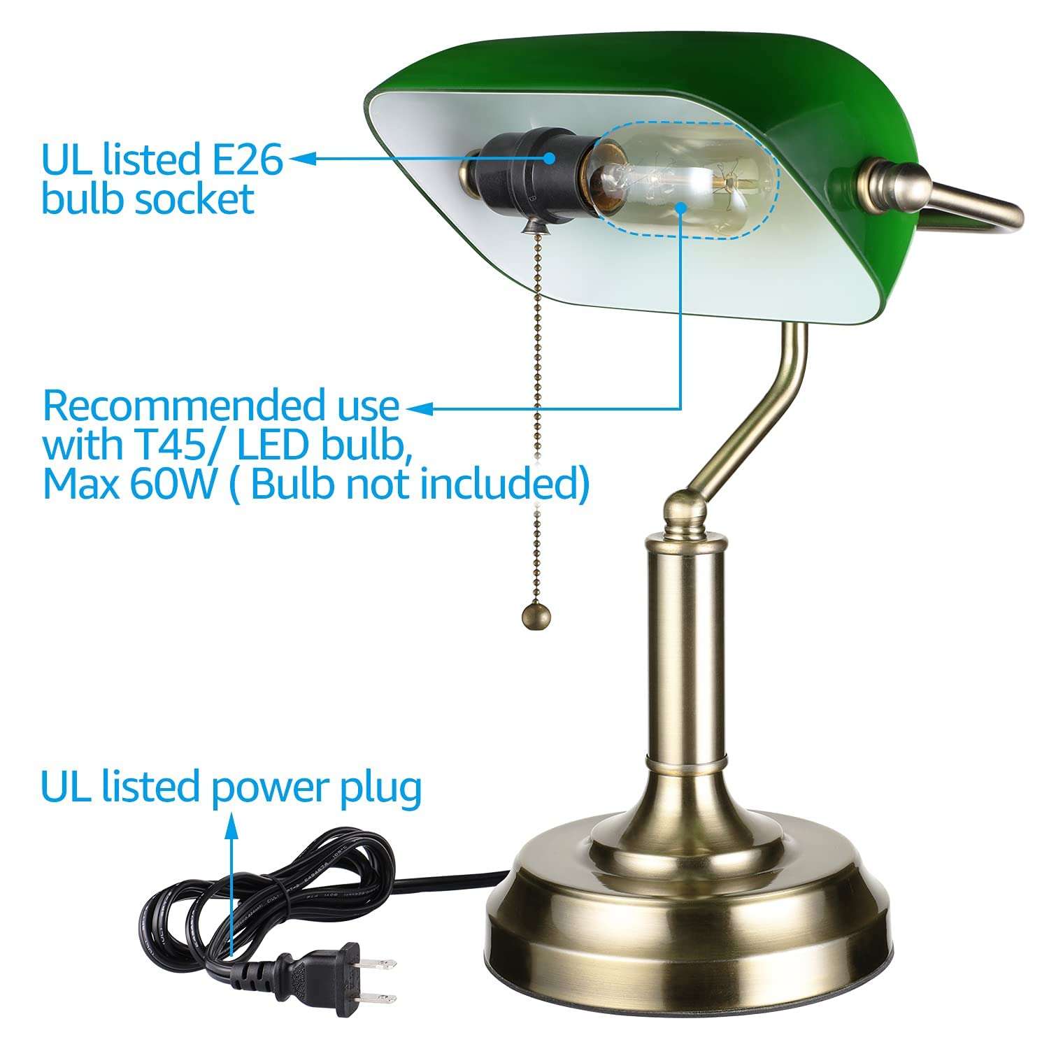 TORCHSTAR Green Glass Bankers Desk Lamp, UL Listed, E26 Base, Vintage Desk Lamp Bundle LED Tubular Light Bulb Dimmable, UL Listed, T45 Edison Bulb 4.5W, 2200K Soft White, E26 Base, Pack of 6 4
