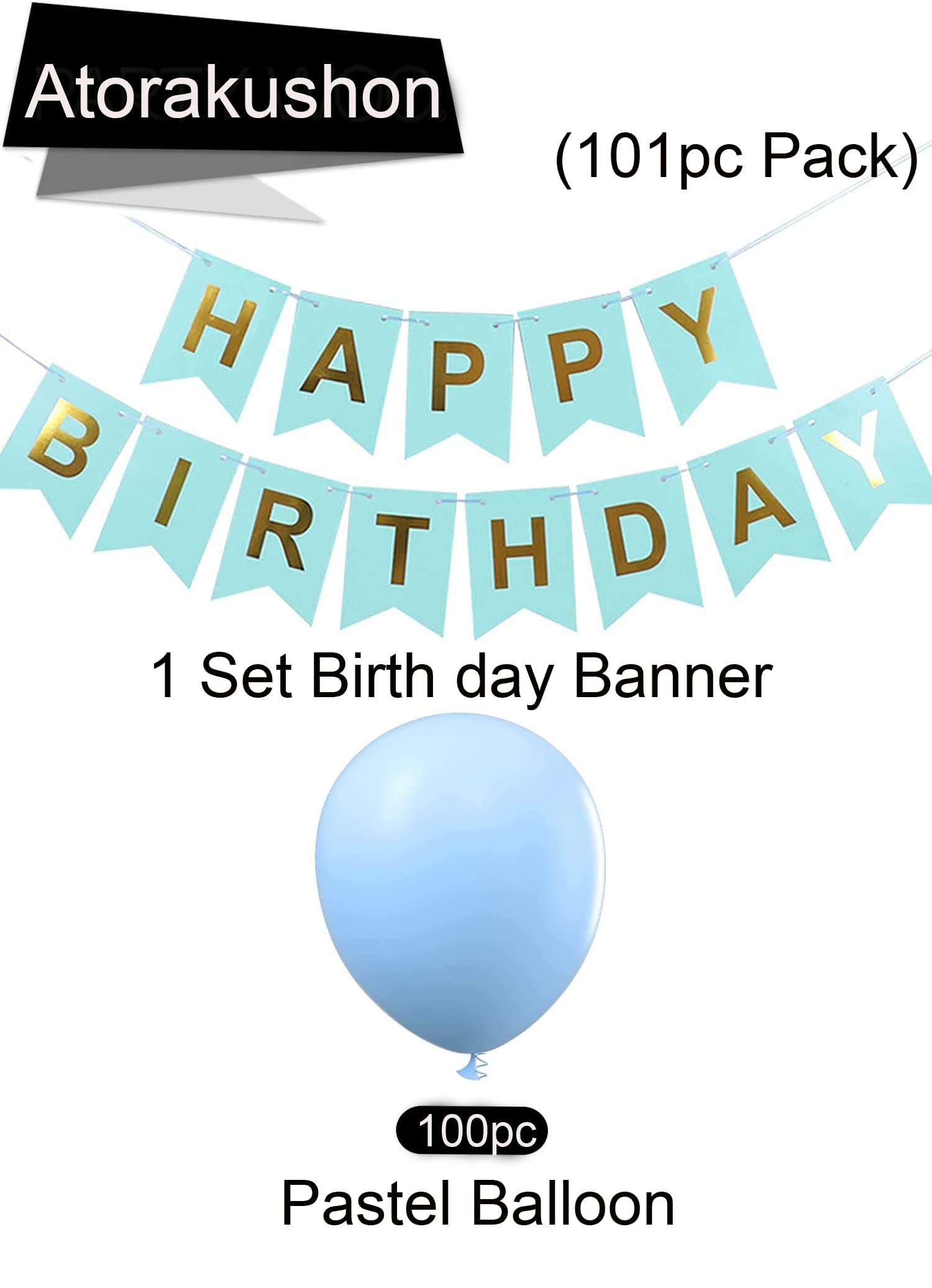 atorakushon Sky Blue and Golden Happy Birthday Paper Banner With 100Pc Sky Pastel Latex Balloons Decoration For Boys Girls Boyfriend Girlfriend Cuple Kids Birthday Celebrations Decorative Items Décor 4