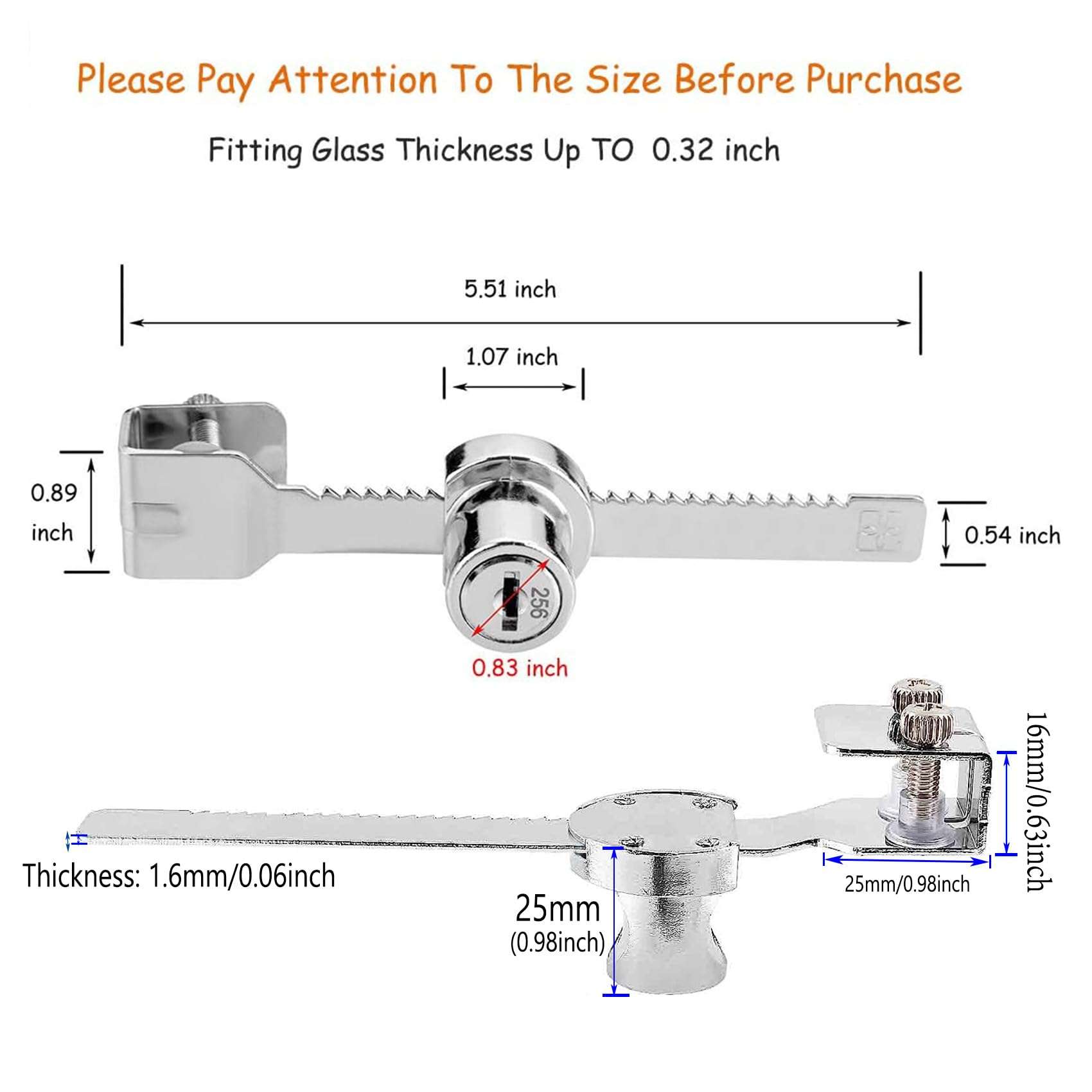 XIEHE 318 Sliding Window Locks, Closet Locks for Sliding Glass Doors with 2 Keys, Display Cabinet Showcase Lock with Chrome Finish, No Drill Burglar Bars for Sliding Doors (2 Pack, Keyed Different) 2