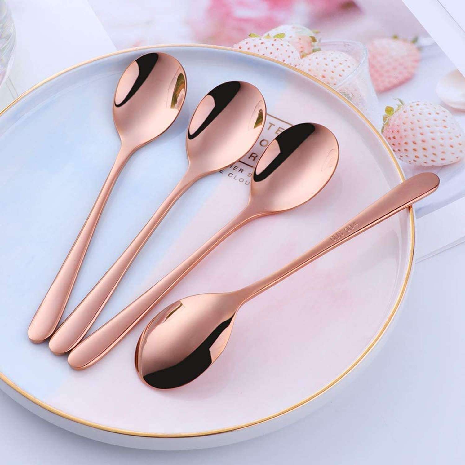 pepplo® Rose Gold Soup Spoons, Stainless Steel Round Spoons with Rose Gold Titanium Plating, Rose Gold Dinner Spoon Table Spoon, Spoons Silverware Dishwasher Safe (Set of 6) 4