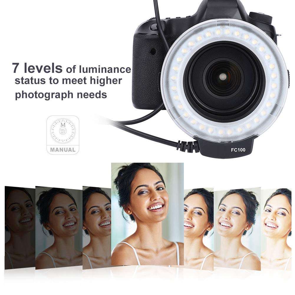 FOLOSAFENAR FC-100 Camera Ring Flash,Macro Ring Flash Photography,Portable Universal LED Ring Flash,5000k,Plastic Material,with 8 Ring Adapters,for Canon EOS 1D/1Ds Series,for Nikon 3