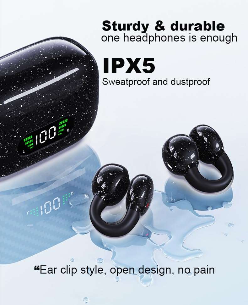 Ear-Clip Headphones Bluetooth 5.3 Open Ear Clip on Headphone Open Earbuds Wireless Bluetooth Bone Conducting Earbuds Painless Wearing Clip Type Bluetooth Earphones Sports Waterproof Ear Headphones 3