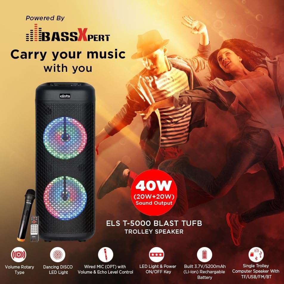Elista ELS T-5000 Blast TUFB 40 W Trolley Party Speaker | with Wireless Mic for karoke| Buiilt in FM | BT/USB/Aux/TF Input| 7 Segment LED Display 4