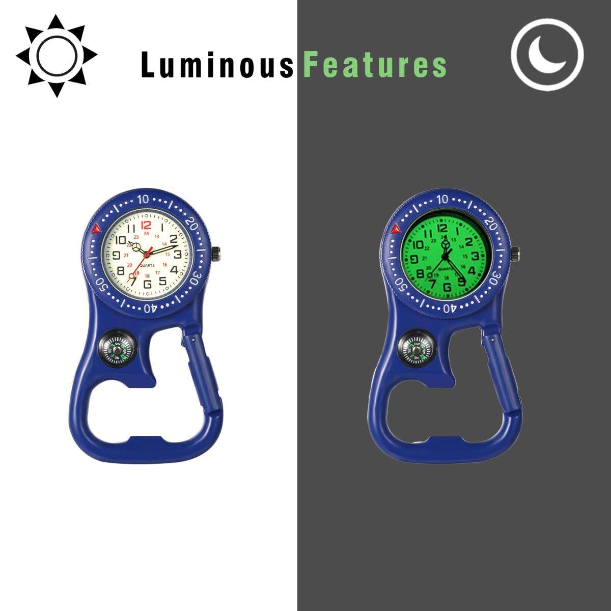 JewelryWe Men Women Clip-on Quarzt Watch Backpack Fob Belt Watch Glow in The Dark Pocket Watch for Rock Climbing Doctors Nurses Outdoor Activities Xmas Christmas 3