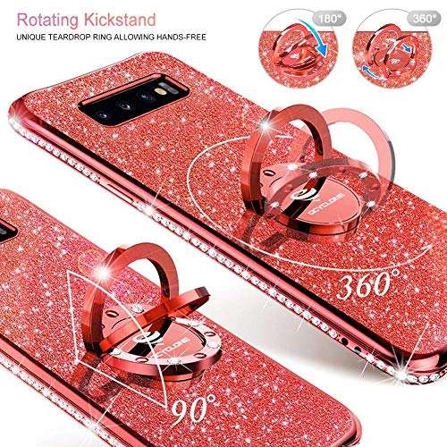 Cute Galaxy S10 Plus Case, Glitter Luxury Bling Diamond Rhinestone Bumper with Ring Grip Kickstand Protective Thin Girly Red Samsung Galaxy S10+ Plus Case for Women Girl - Red 3