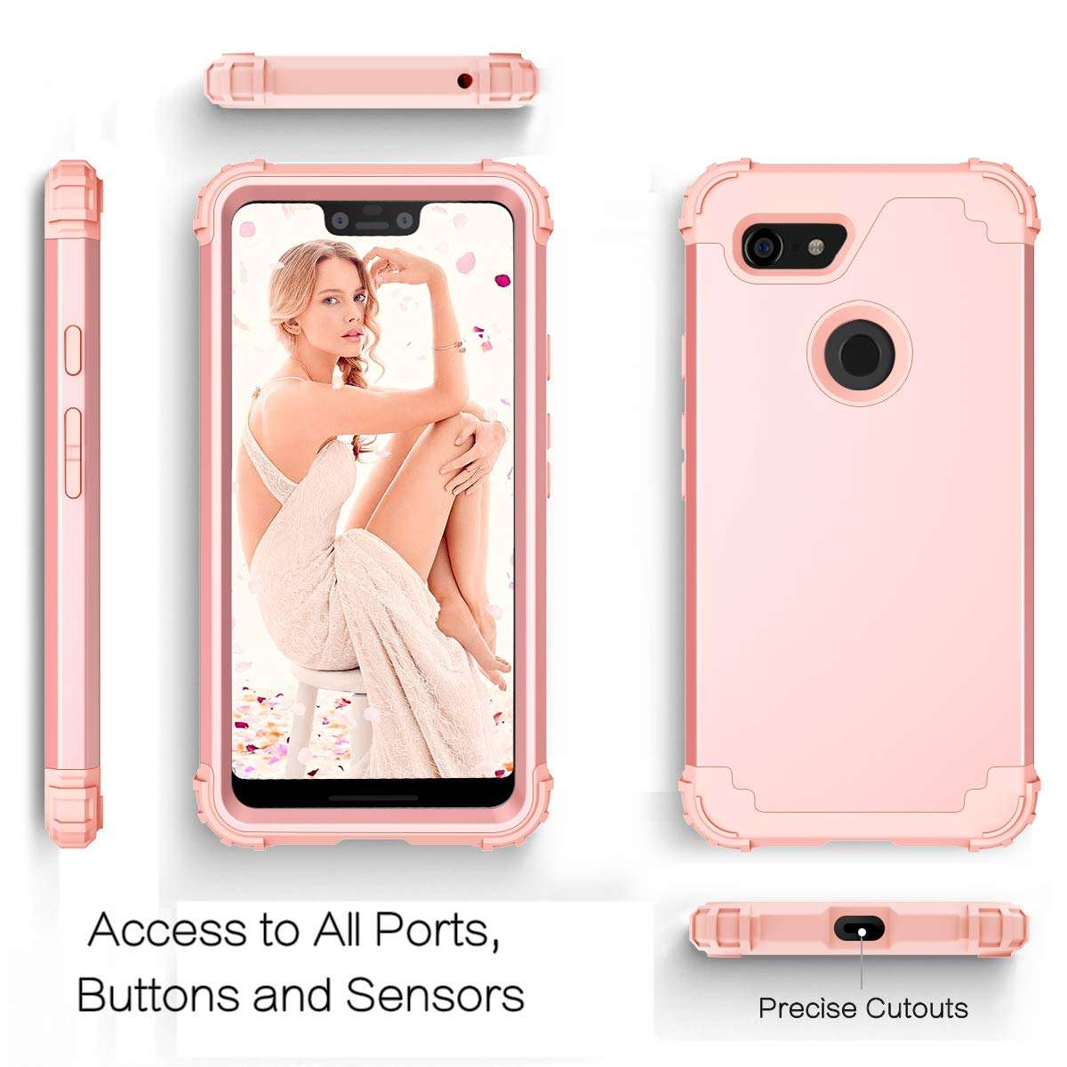 Casetego Compatible with Google Pixel 3 XL Case,Three Layer Heavy Duty Hybrid Sturdy Shockproof Protective Cover Case for Google Pixel 3 XL,Rose Gold 3