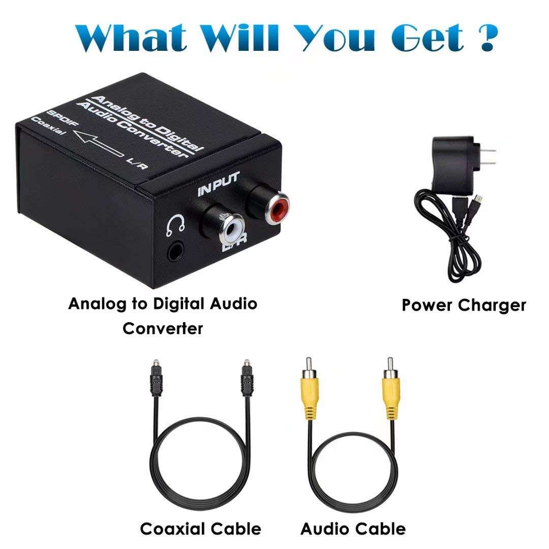 Analog to Digital Audio Converter, R/L RCA 3.5mm AUX to Digital Coaxial Toslink Optical Audio Adapter with Optical Cable, Coaxial Cable 6