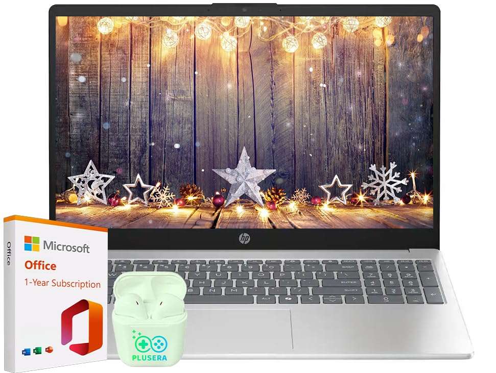 HP 15.6" Laptop with Microsoft Office 365 Included, Intel 4-Core Processor, 1.1TB Storage (1TB OneDrive and 128GB SSD), Windows 11, PLUSERA Earphones, Natural Silver (32GB RAM) 1