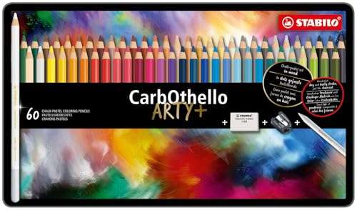 STABILO Chalk-Pastel Artist Colored Pencil CarbOthello ARTY Tin Set of 60, Eraser, Sharpener, Blender - Watercolor Effects 2
