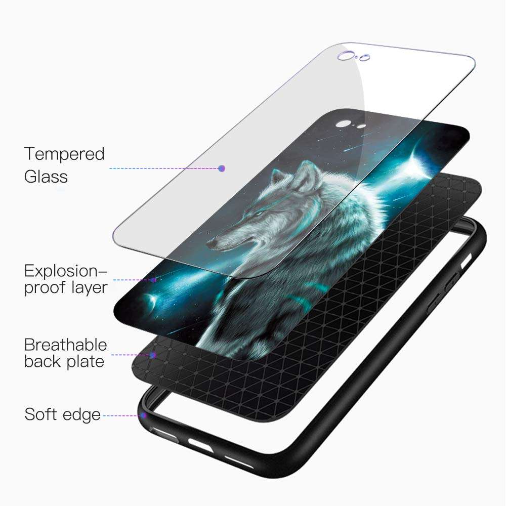 Eouine Samsung Galaxy A70 Case, [Anti-Scratch] Shockproof Patterned Tempered Glass Back Cover Case with Soft Silicone Bumper for Samsung Galaxy A70 Smartphone (Wolf 2) 4