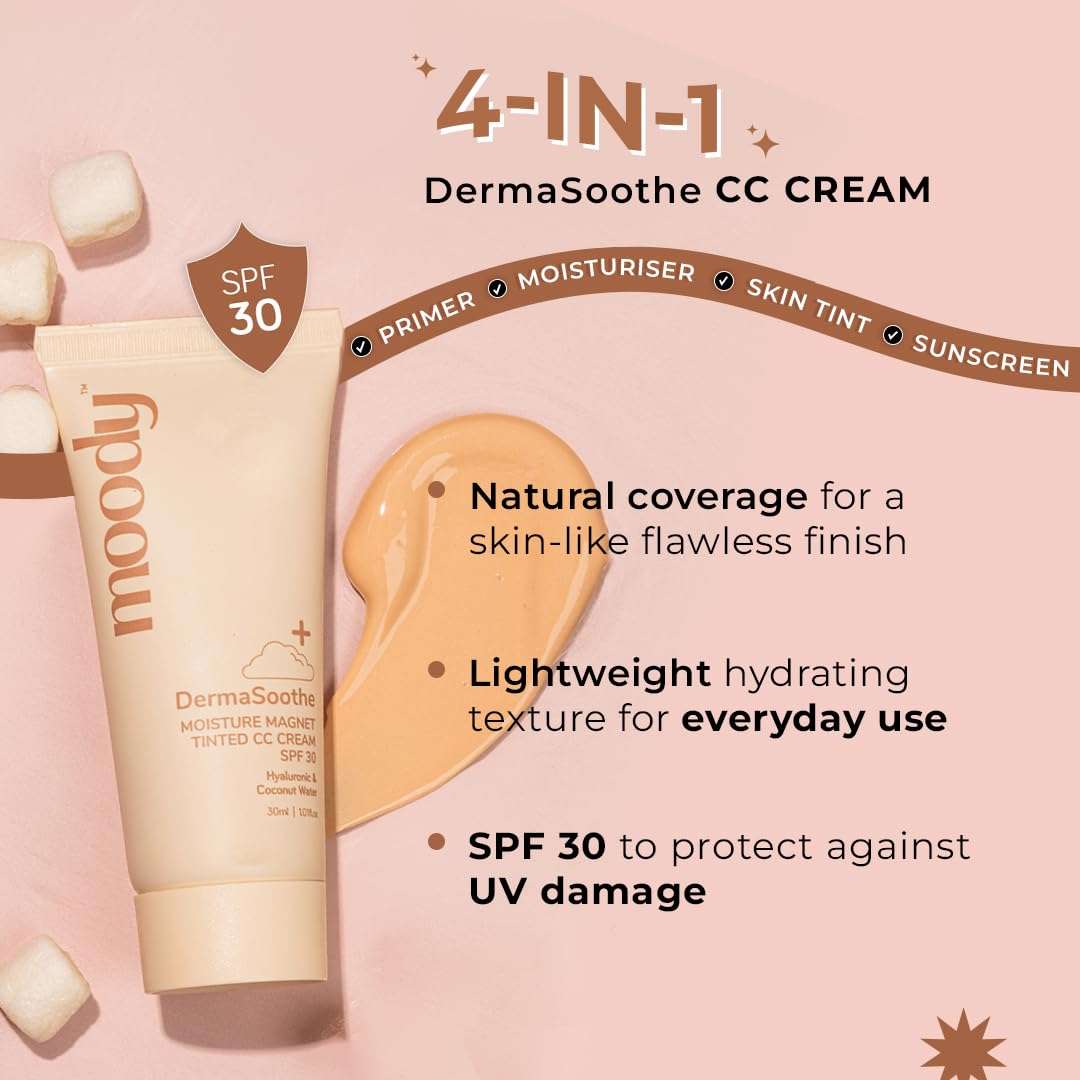 Moody Derma Soothe Moisture Magnet Tinted CC Cream with SPF 30 - (Medium Shade) | Acts as a Primer, Moisturizer, Skin Tint & Sunscreen | Light Make-Up Glow | For All Skin Types, 30ml 3