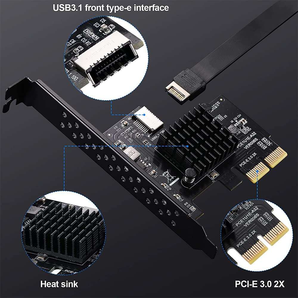 PCI-E 2X to USB3.1 A-Key Gen2 Front Type-E Expansion Card,10Gbps Type-E Internal 20-Pin Front Panel Connector Riser Card 6