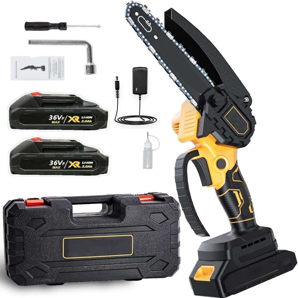Gvnd Mini Chainsaw Cordless 6 Inch, Chainsaw with 2×Rechargeable Batteries, Portable Handheld Chain Saw for Tree Trimming, Wood Cutting, Gardening, with Gloves & Safety Goggles 1